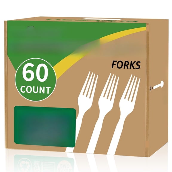 100% 60 Count Disposable Forks bulk Utensils Set Heavy Duty Fork Silverware Eco Friendly Flatware for Party Camping Picnics Wedding-Ivory White