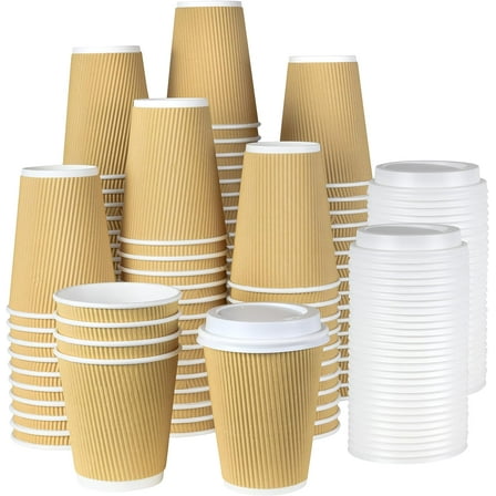 100 8 oz Ripple Kraft Paper Cups Brown Hot Cold with Lids 3 Layer Rippled Small Insulated Disposable Coffee Cups for Cappuccino Hot Cocoa or Iced Drinks