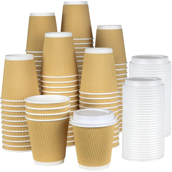 100 8 oz Ripple Kraft Paper Cups Brown Hot Cold with Lids 3 Layer Rippled Small Insulated Disposable Coffee Cups for Cappuccino Hot Cocoa or Iced Drinks