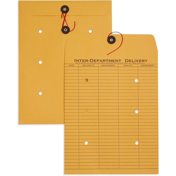 100 9" x 12" Interoffice Envelopes, String & Button | 28lb Brown Kraft, String and Button Closure, Reusable, for Interdepartment Routing, Office Documents