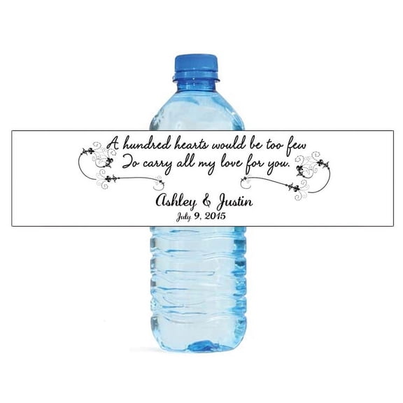 100 A Hundred Hearts Quote Wedding Anniversary Water Bottle labels Engagement Party Birthday