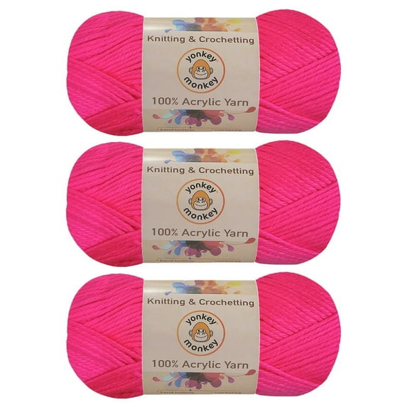 100% Acrylic Fancy Yarn 3-Pack by Yonkey Monkey Knitting Crochet DIY Art Craft (Hot Pink 17)