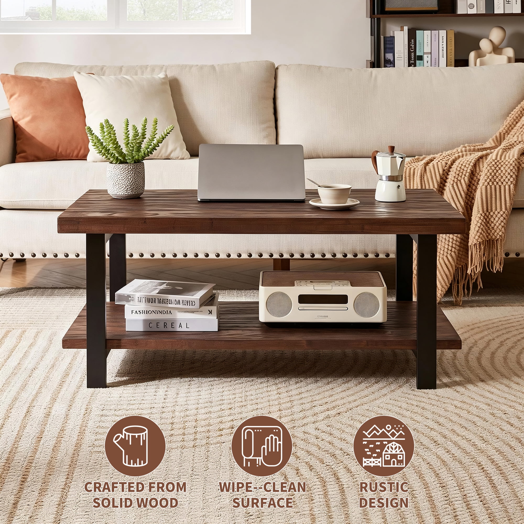 100% All‑Solid‑Wood Farmhouse Rustic Rectangle Coffee Table, Living Room Coffee Table with Open Storage Shelf, Heavy‑Duty Home Furniture