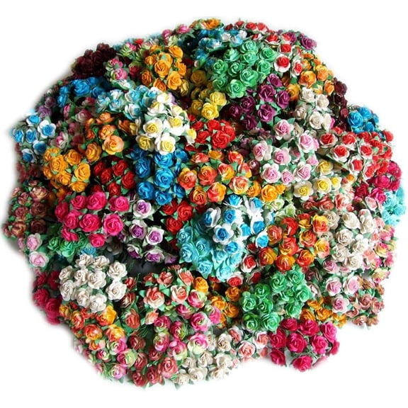 100 Assorted Artificial Mulberry Paper Rose Flower Wedding Scrapbook 1.5cm DIY Craft Scrapbook Bouquet Craft Stem Handmade Rose Valentines Anniversary Embellishment Mini Roses 1.5 cm.