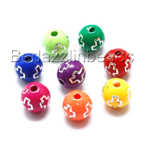 100 Assorted Bright Color 8mm Round Plastic Acrylic Beads with Engraved Silver Christian Cross Accents