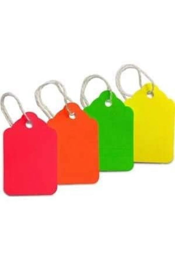 100 Assorted Neon-Color Strung Merchandise Tags, No. 5 (1-3/32" x 1-3/4"), 25 Each of Green, Pink, Red and Yellow by MACO (BB304) - Pack of 100 Tags