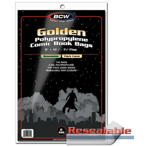 100 BCW RESEALABLE GOLDEN COMIC BAGS - THICK 8 x 10 1/2