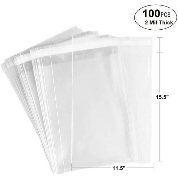 100 Bags - 11.5" x 15.5" Crystal Clear Protective Closure Bags with Self Adhesive Flap - Clear Resealable Cello / Cellophane Bags Good for Bakery, Candle, Soap, Cookie Poly Bags, in 2.1Mil Thickness