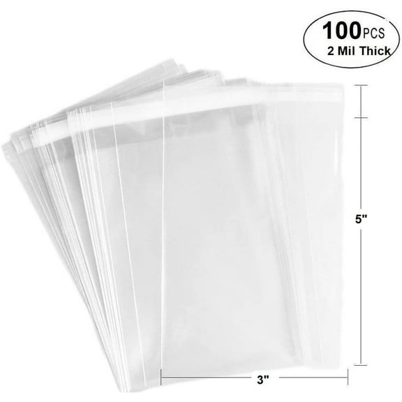 100 Bags - 3" x 5" Crystal Clear Protective Closure Bags with Self Adhesive Flap - Clear Resealable Cello / Cellophane Bags Good for Bakery, Candle, Soap, Cookie Poly Bags, in 2.1Mil Thickness