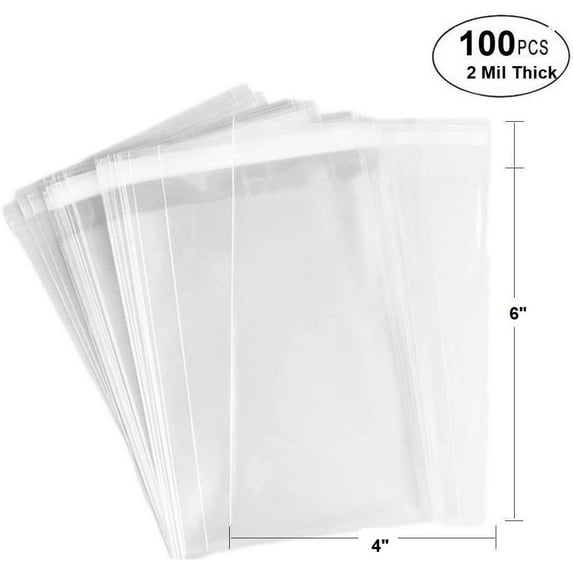 100 Bags - 4" x 6" Crystal Clear Protective Closure Bags with Self Adhesive Flap - Clear Resealable Cello / Cellophane Bags Good for Bakery, Candle, Soap, Cookie Poly Bags, in 2.1Mil Thickness