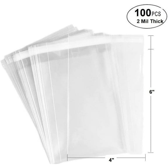 100 Bags - 4" x 6" Crystal Clear Protective Closure Bags with Self Adhesive Flap - Clear Resealable Cello / Cellophane Bags Good for Bakery, Candle, Soap, Cookie Poly Bags, in 2.1Mil Thickness