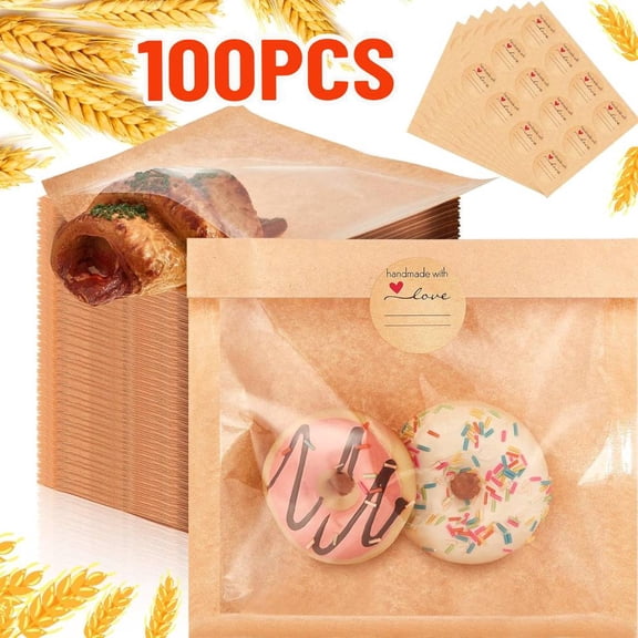 100 Bags - 7.1 x 7.5 Inch Cookie Packaging Bags with Seal, Bakery Pastry Bags with Window, Heat Sealable Grease Resistant Paper to Go Bake Sleeves for Donut Bread Sandwich