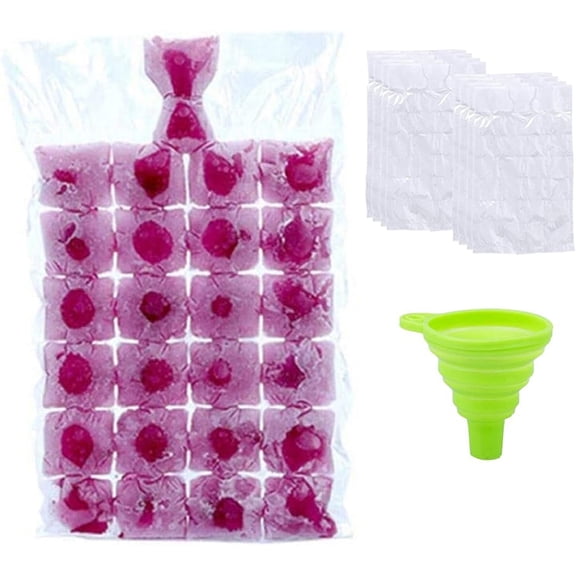 100 Bags Disposable Ice Cube Bags,Stackable Easy Release Ice Cube Mold Trays, Self-Seal Freezing Maker,Cold Ice Pack Cooler Bag for Cocktail Food Wine, Transparent with 1 funnels