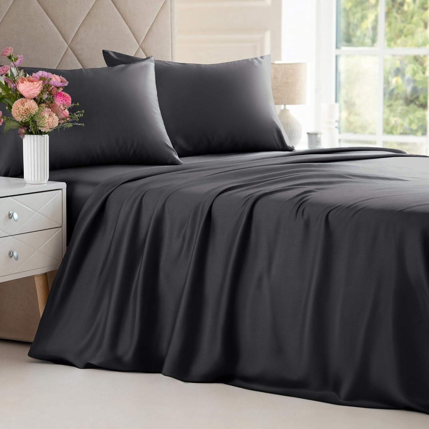 CGK Linens 4-Piece Luxury Bamboo Cooling Sheet Set - Queen Size 100% Bamboo Derived Rayon Premium Bed Sheets, Black