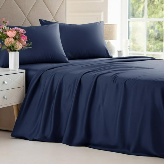 CGK Linens 4-Piece Luxury Bamboo Cooling Sheet Set - Queen Size 100% Bamboo Derived Rayon Premium Bed Sheets, Navy Blue