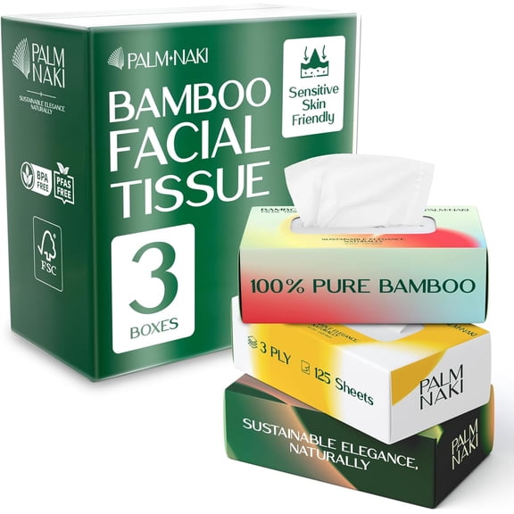 100% Bamboo Facial Tissue | 3-Ply Strong | Lint-Free, Fragrance-Free | Gentle for Sensitive Skin | BPA & PFAS-Free, FSC Certified | 3 Boxes (375 Sheets) |