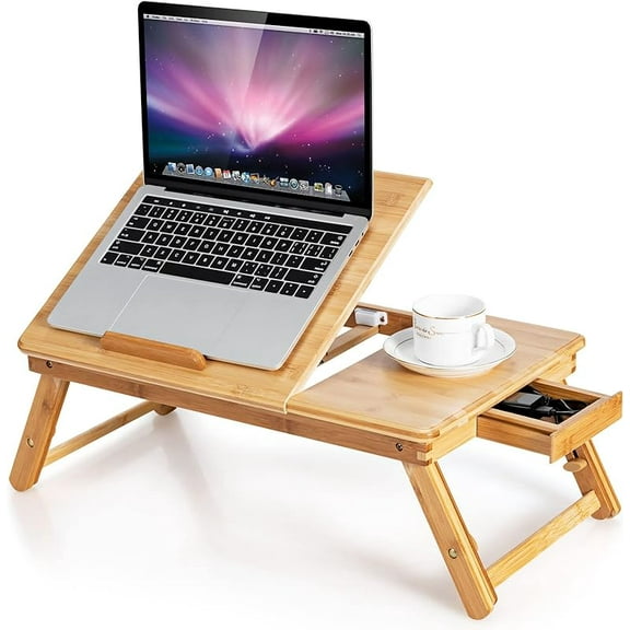 100% Bamboo Laptop Desk with Tilting Top & Drawer, Height Adjustable Portable Breakfast Serving Bed Tray with Heat-Dissipation Holes, Folding Bed Table for Surfing Reading Writing Eating