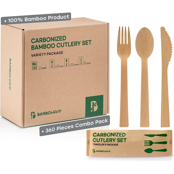 100% Bamboo Utensils - Carbonized Disposable Cutlery Biodegradable and Sanitized - Heavy Duty & Fully Functional (Fork - 400 Pieces)