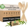 thumbnail image 1 of 100% Bamboo Utensils Set - 100x Compostable Cutlery Set (50 Compostable Forks, 25 Disposable Spoons, 25 Biodegradable Knives) | Bamboo Silverware | FSC Certified for Weddings, Camping, Party, 1 of 4