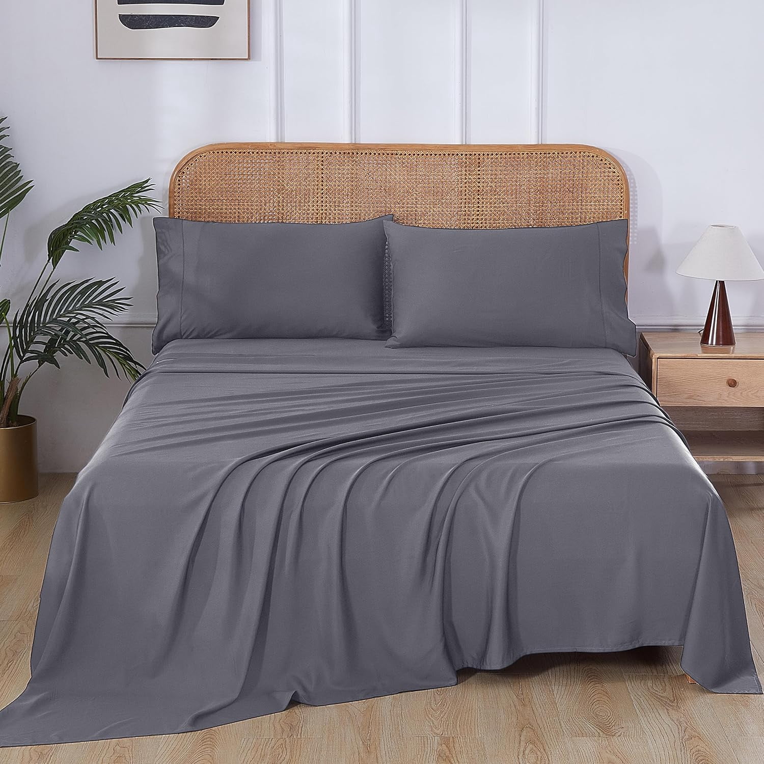 100% Bamboo Viscose Queen Sheet Set, 400 Thread Count, Cooling Sheets for Hot Sleepers, 16" Deep Pocket, Ultra Soft Breathable & Hotel Luxury Silky Bed Sheets, 4 Pieces, Queen, Dark Grey