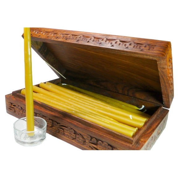 100% Beeswax 2-Hour Candles (Set of 36 in Box), Organic Hand Made - 7 1/2 Inch Tall, 3/8 Inch Diameter, Wood Box