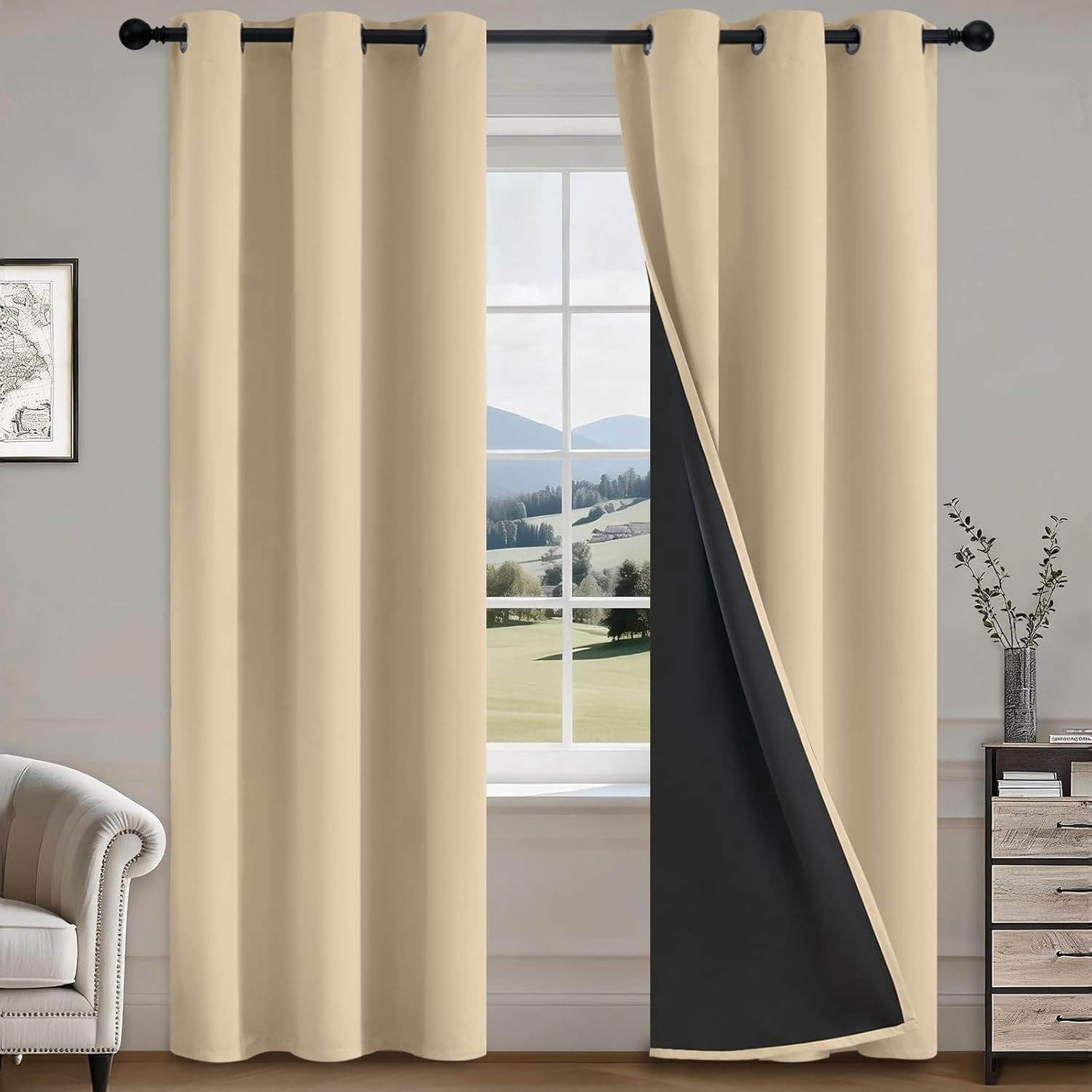 100% Beige Blackout Curtains for Bedroom Living Room 84 Inches Length 2 Panels Set, Full Light Blocking Thermal Insulated Grommet Nursery Window Treatment Drapes with Black Liner,W40 x L84
