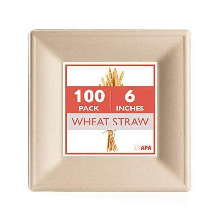 100 Biodegradable Disposable Plates - 6 Inch Square Compostable & Microwavable Wheat Straw, Tree Free Plates for Dessert or Appetizer, Bulk Set