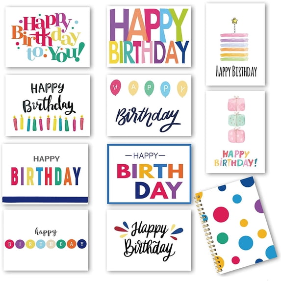 100 Birthday Cards, Happy Birthday Cards Bulk with Short Message Inside, 5x7 Inch Thick Card Stock Assorted Birthday Cards with Envelopes,10 Unique Designs for Men and Women.