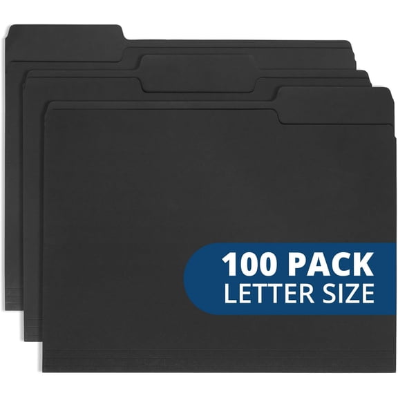 100 Black File Folders - Letter Size File Folders with 1/3 Cut Tabs, Durable 11pt Black Paper, Holds Letter Size Documents, 100 Pack