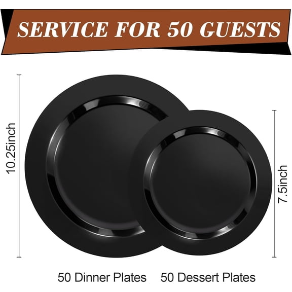 100 Black Plastic Plates 50 Dinner Plates 10.25 Inch and 50 Dessert Plates 7.5 Inch