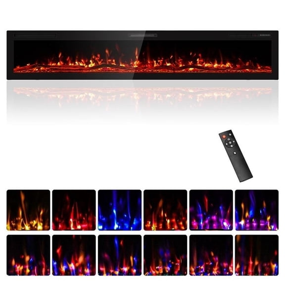 100" Black Ultra-Thin Recessed Electric Fireplace with 3D HD Flames & Remote