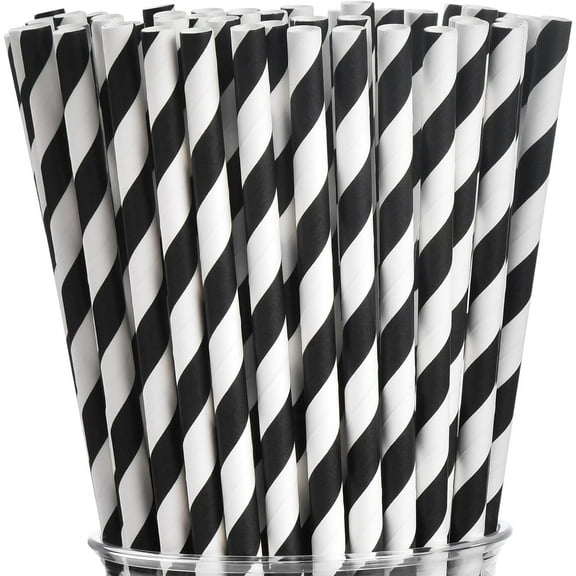 100 Black and White Striped Paper Straws, Biodegradable Disposable Drinking Straws for Halloween, Christmas, Brithday, New Year, Party Decoration Supplies