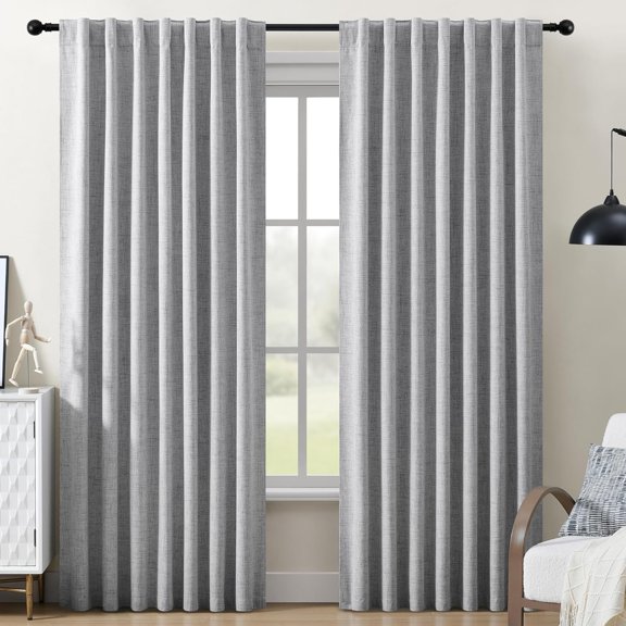 100% Blackout Bedroom Curtains Energy Efficient Curtains 84 Inch Long Room Darkening Curtains Linen Textured for Living Room Rod Pocket & Back Tabs Window Treatments, Light Grey, 2 Panels