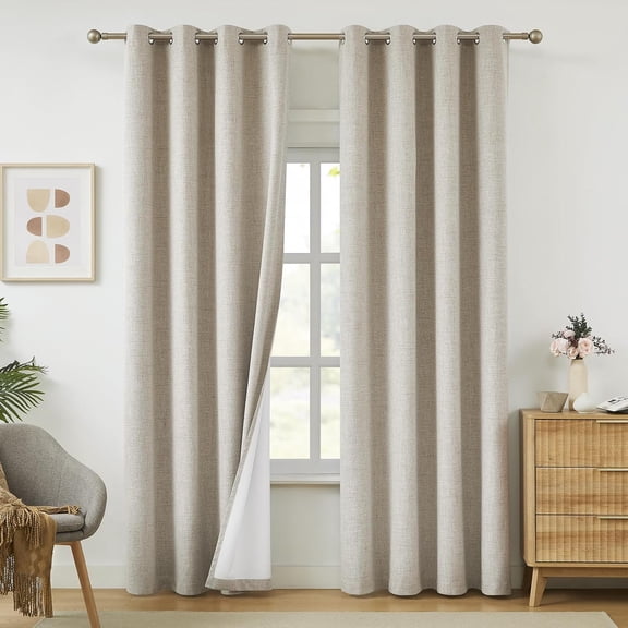 100% Blackout Beige Linen Textured Curtains 72 Inches Long for Bedroom, Living Room Thermal Insulated Light Blocking Grommet Drapes, Elegant Farmhouse Burlap Curtains 52x72 inch, 2 Panels