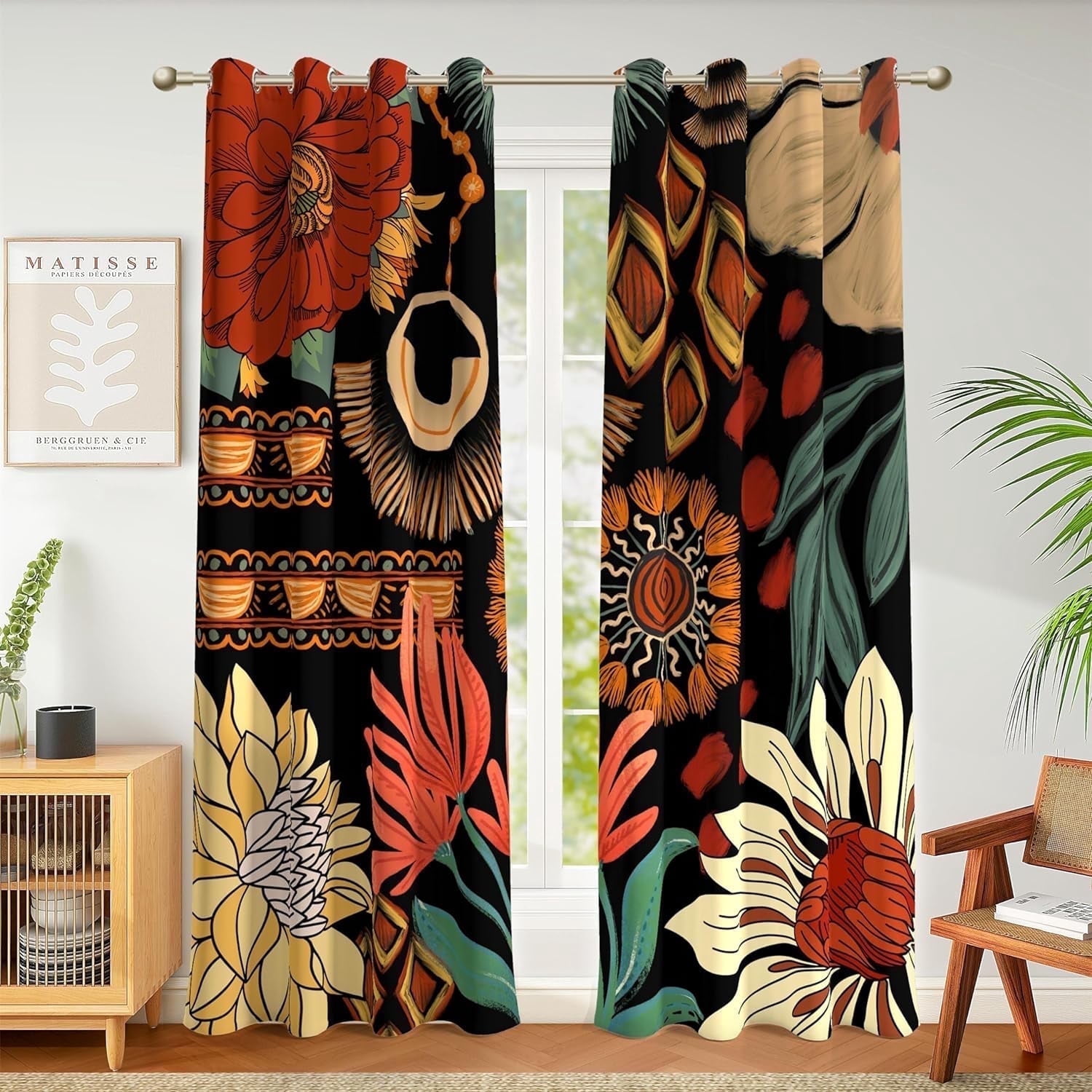 Tyrot 2 Panels 100% Blackout Black Boho Floral Curtains Bedroom Farmhouse Curtains, 52" x 84"