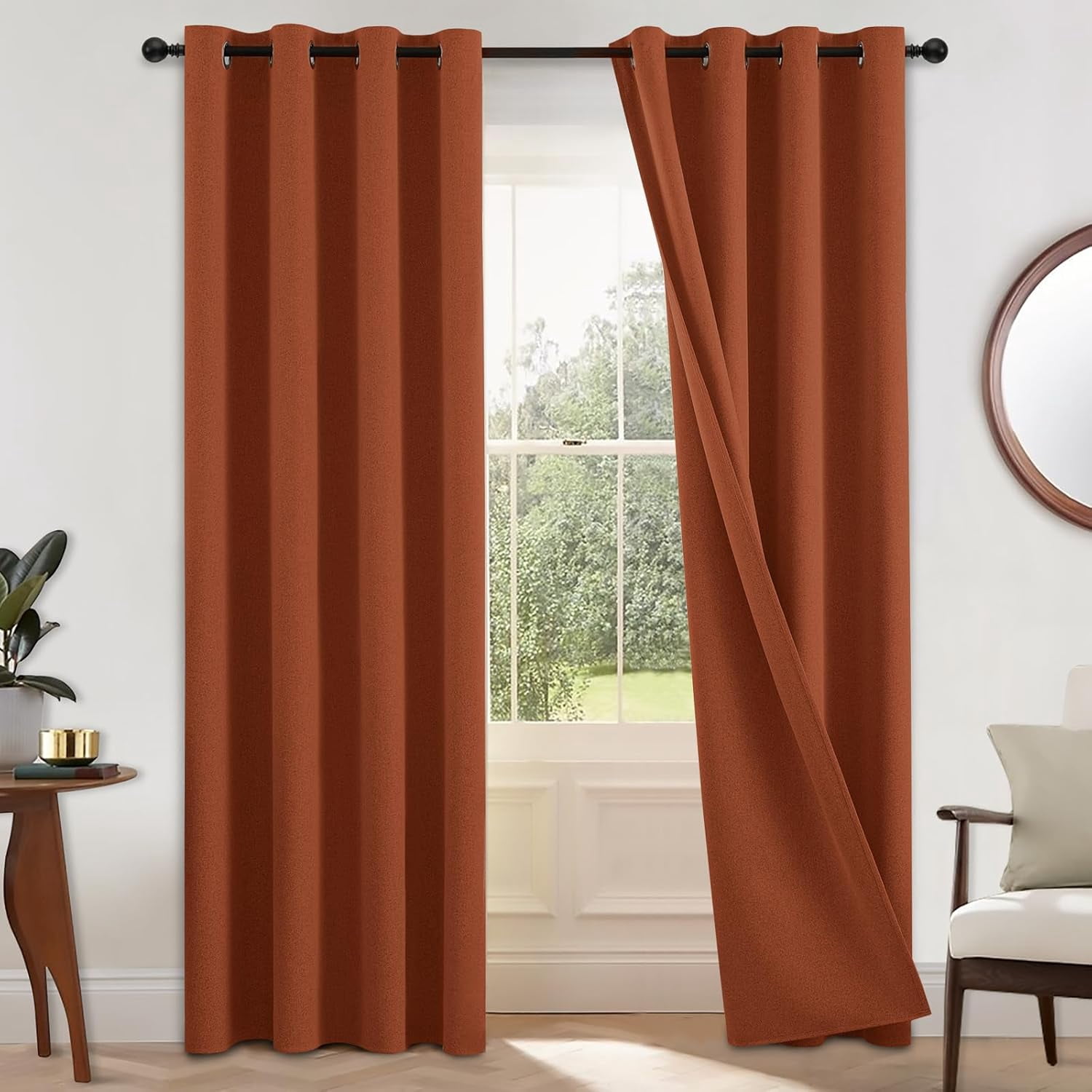 100% Blackout Burnt Orange Linen Curtains & Drapes 84 Inch Length 2 Panels Set, Full Room Darkening Grommet Insulated Thermal Window Panels for Bedroom/Living Room,52x84 inches