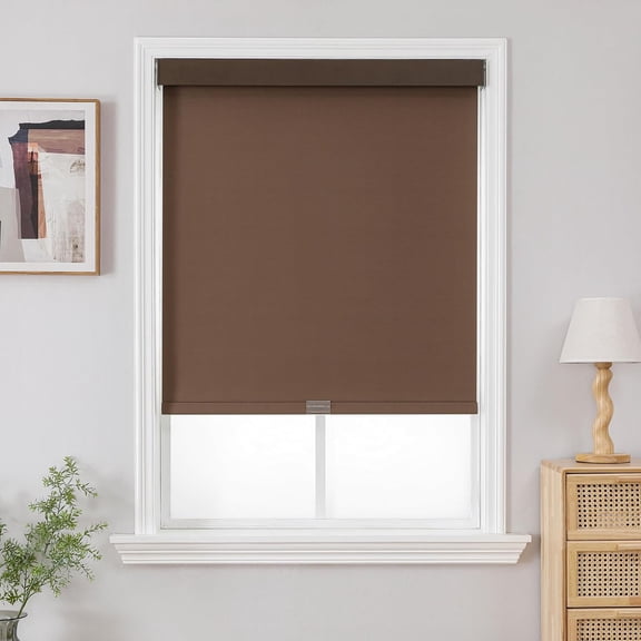 100% Blackout Cordless Roller Shades, Free-Stop UV Protection Natural Woven Blinds, Coffee, 23" x 75"