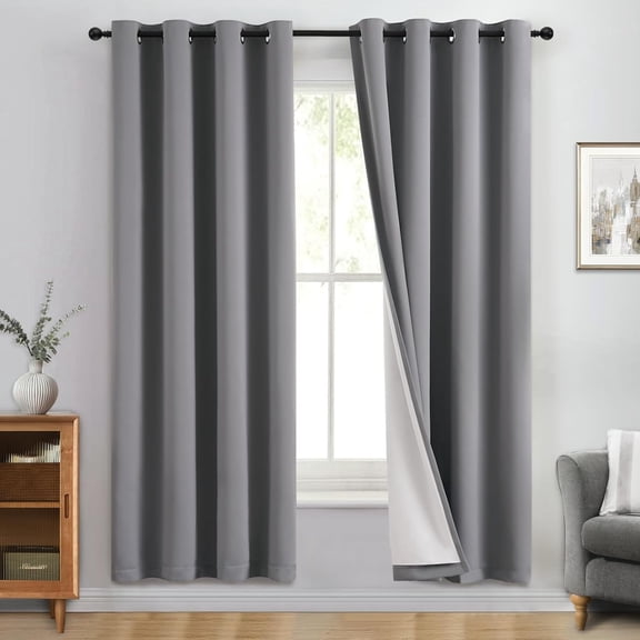 100% Blackout Curtain Panels, 72 Inches Long, Cold and Light Blocking, 2 Thick Layers Thermal Insulated, Grey with White Backing, 2 Pieces