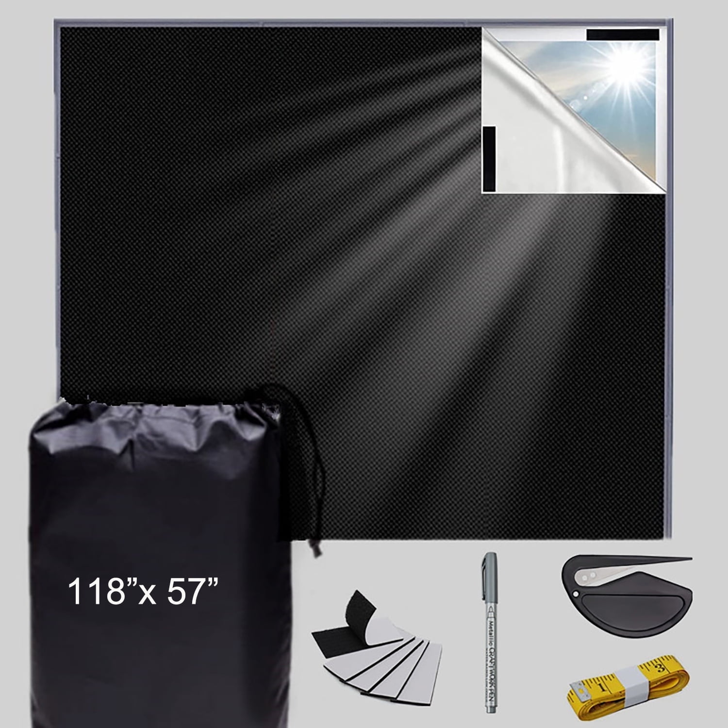 Asunby Blackout Window Cover, 118" x 57" , Portable Blackout Curtains with Strong Hook and Loop Tapes, Temporary for Baby Nursery, Bedroom, Travel, Cars