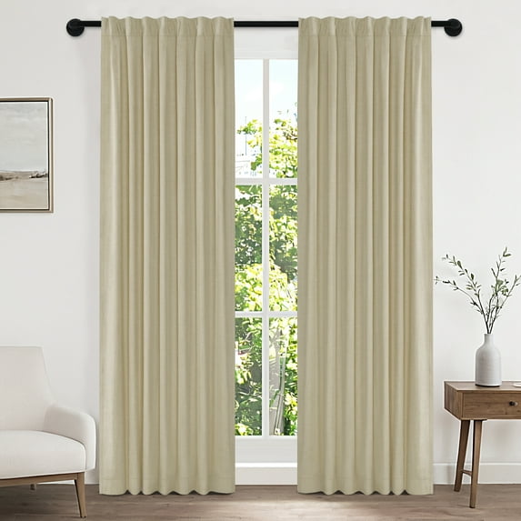 100% Blackout Curtains 2 Panels Set, 52" Back Tab/Rod Pocket with Machine Washable Linen Textured Blackout Drape for Bedroom, Curtains,Natural