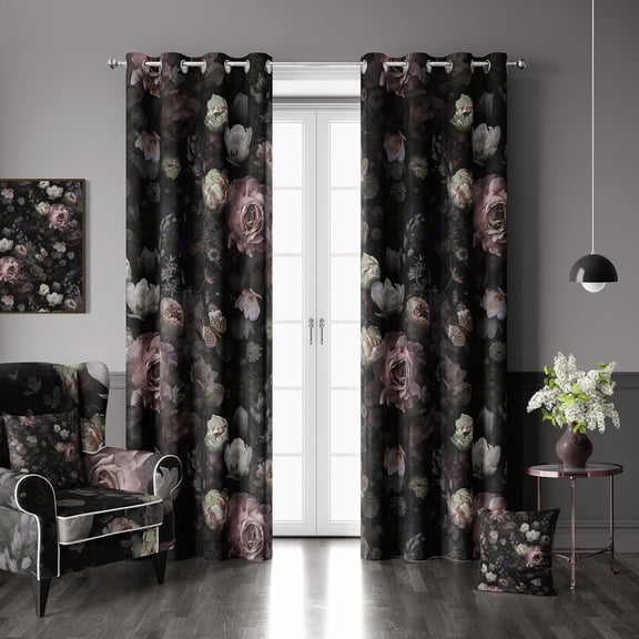 100% Blackout Curtains 2 Panels Set Black Pink Floral Rose Black Out Curtain Gothic Chic Dark Thermal Insulated Window Treatments Decor for Living Room Bedroom Darkening Curtain 52x84 Inch