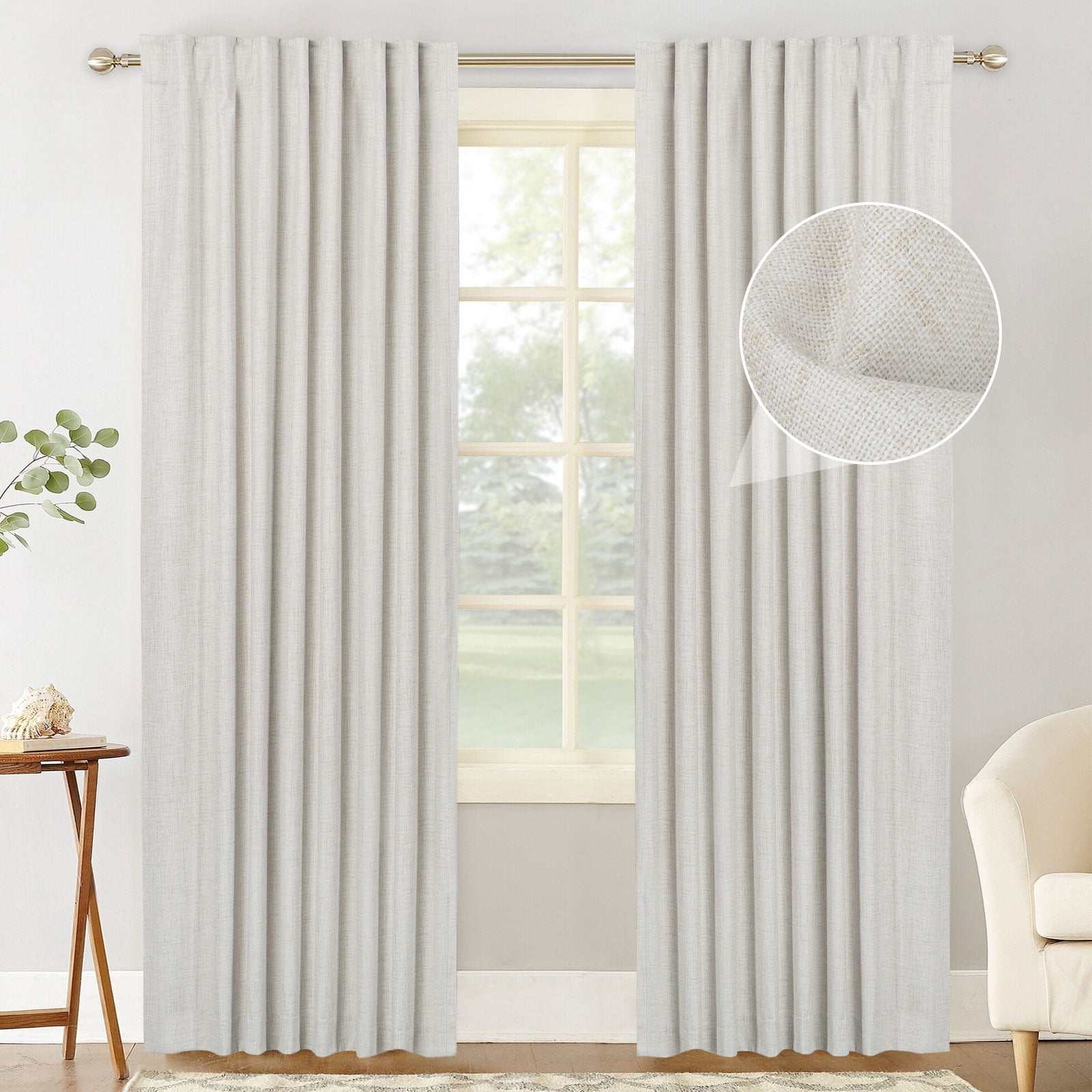 100 Blackout Curtains 2 Panels Set, Machine Washable Linen Textured