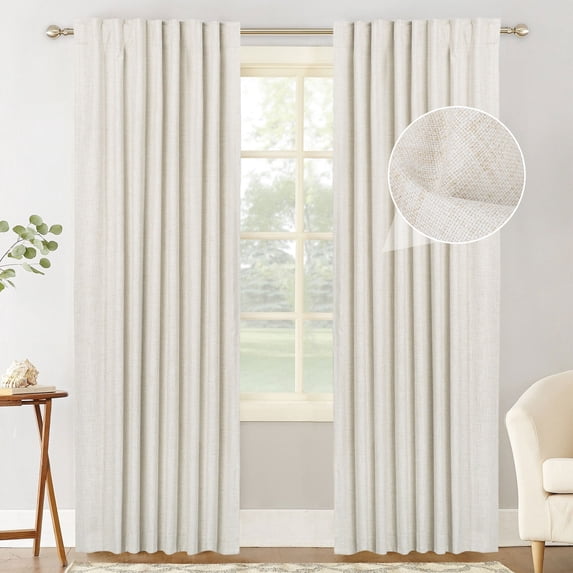 100% Blackout Curtains 2 Panels Set, Machine Washable Linen Textured Blackout drape for Bedroom, Back Tab/Rod Pocket Curtains , Cream, W50" x L63”