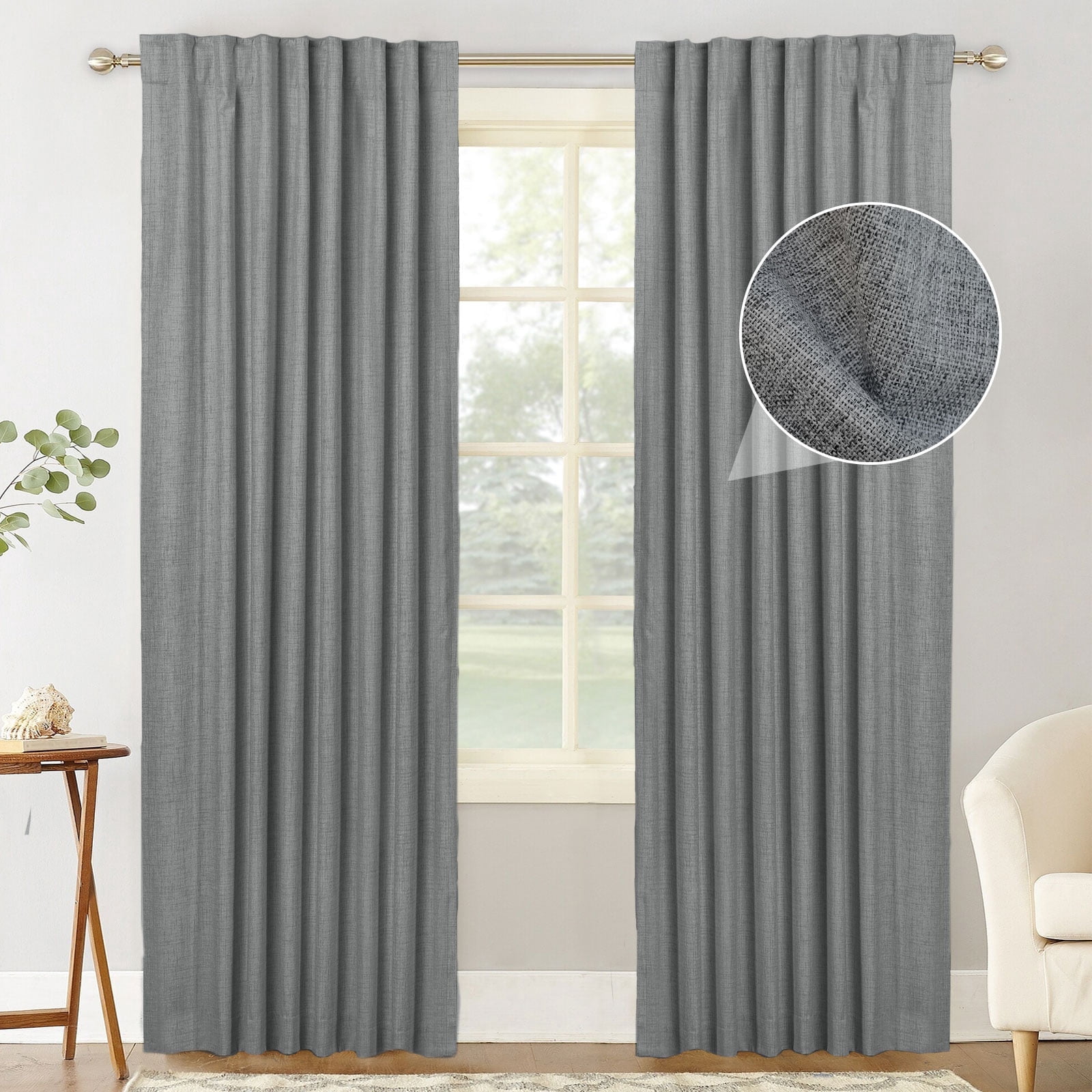 100% Blackout Curtains 2 Panels Set, Machine Washable Linen Textured