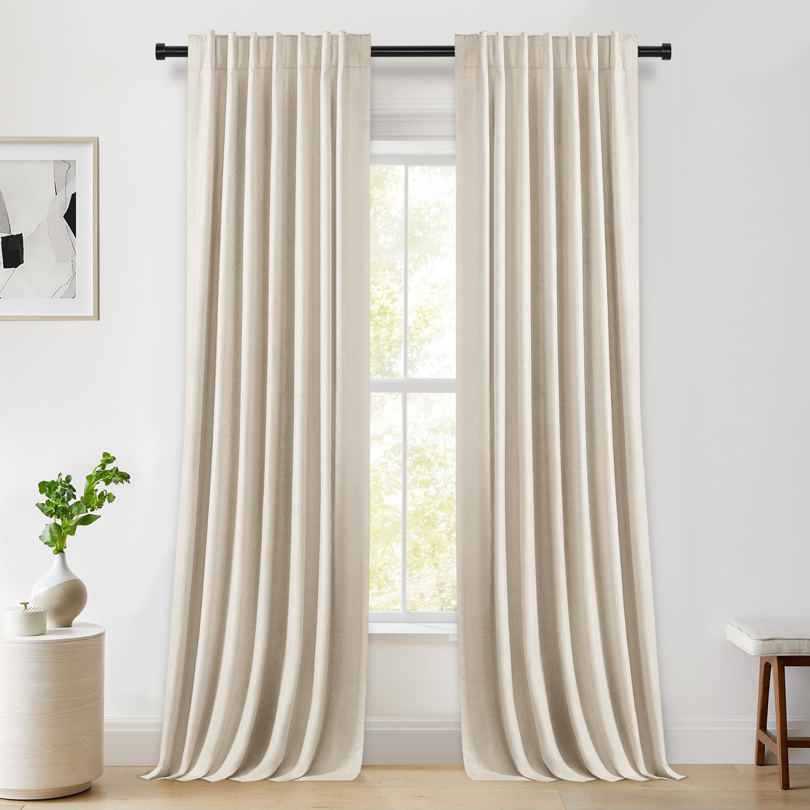 100% Blackout Curtains 2 Panels Set, Machine Washable Linen Textured