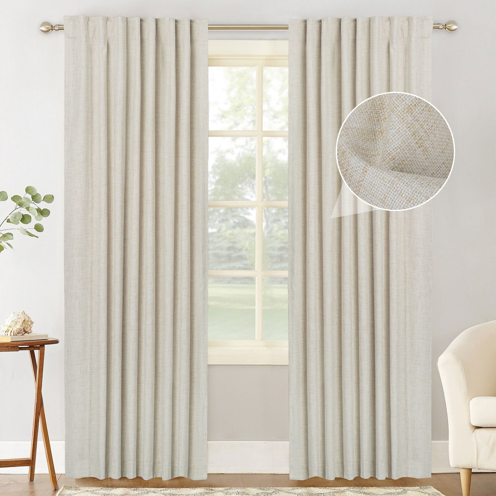 100 Blackout Curtains 2 Panels Set, Machine Washable Linen Textured