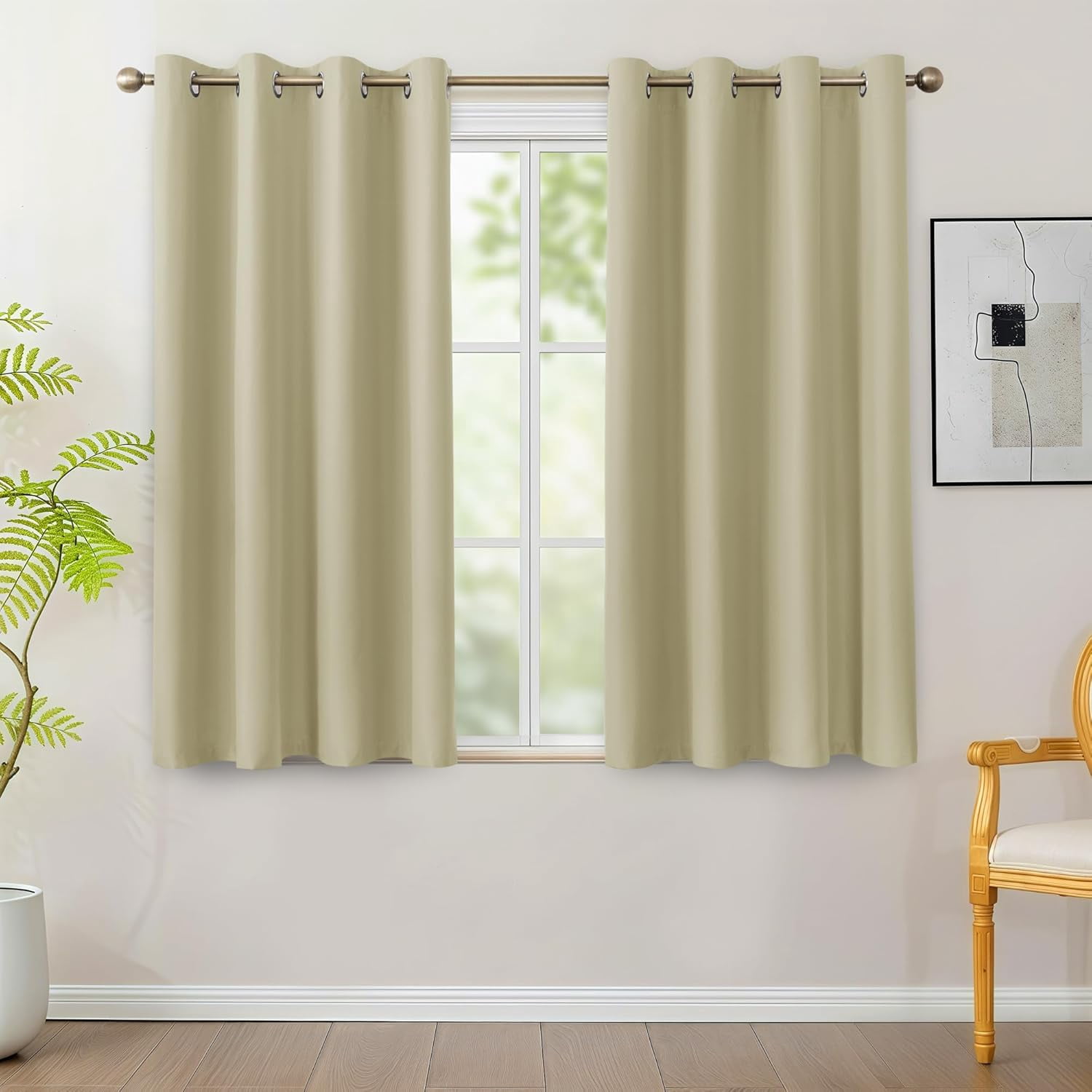 100% Blackout Curtains 4 Panels - Full Light Blocking Window Drapes with Black Backing, Single Layer Grommet Room Darkening Curtain for Bedroom/Living Room, 54x54 Inch, Beige