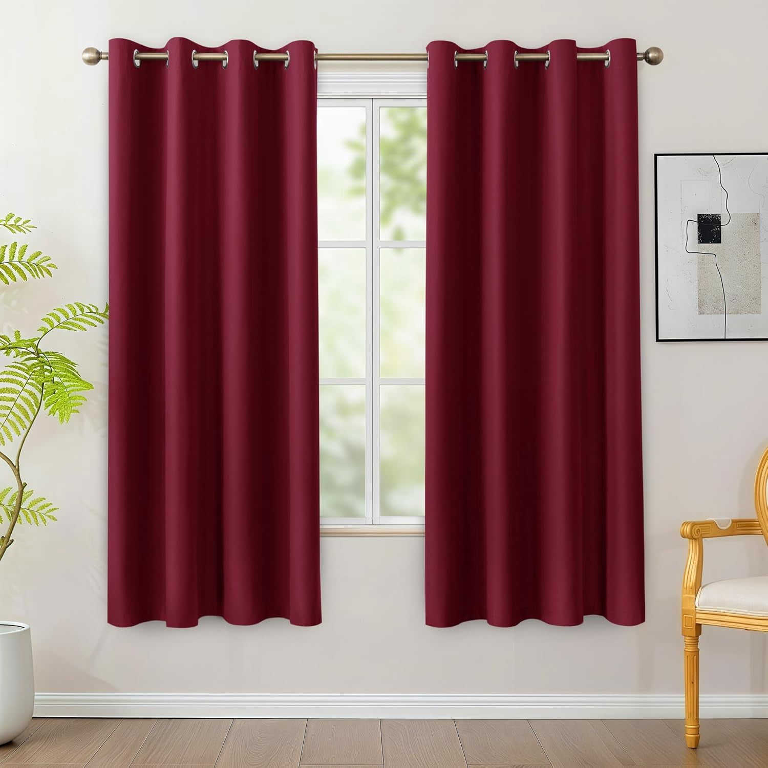 100% Blackout Curtains 4 Panels - Light Blocking Room Darkening Window Drapes 63 Inch Length, Christmas Grommet Black Out Curtain with Black Backing for Bedroom/Living Room, Burgundy Red