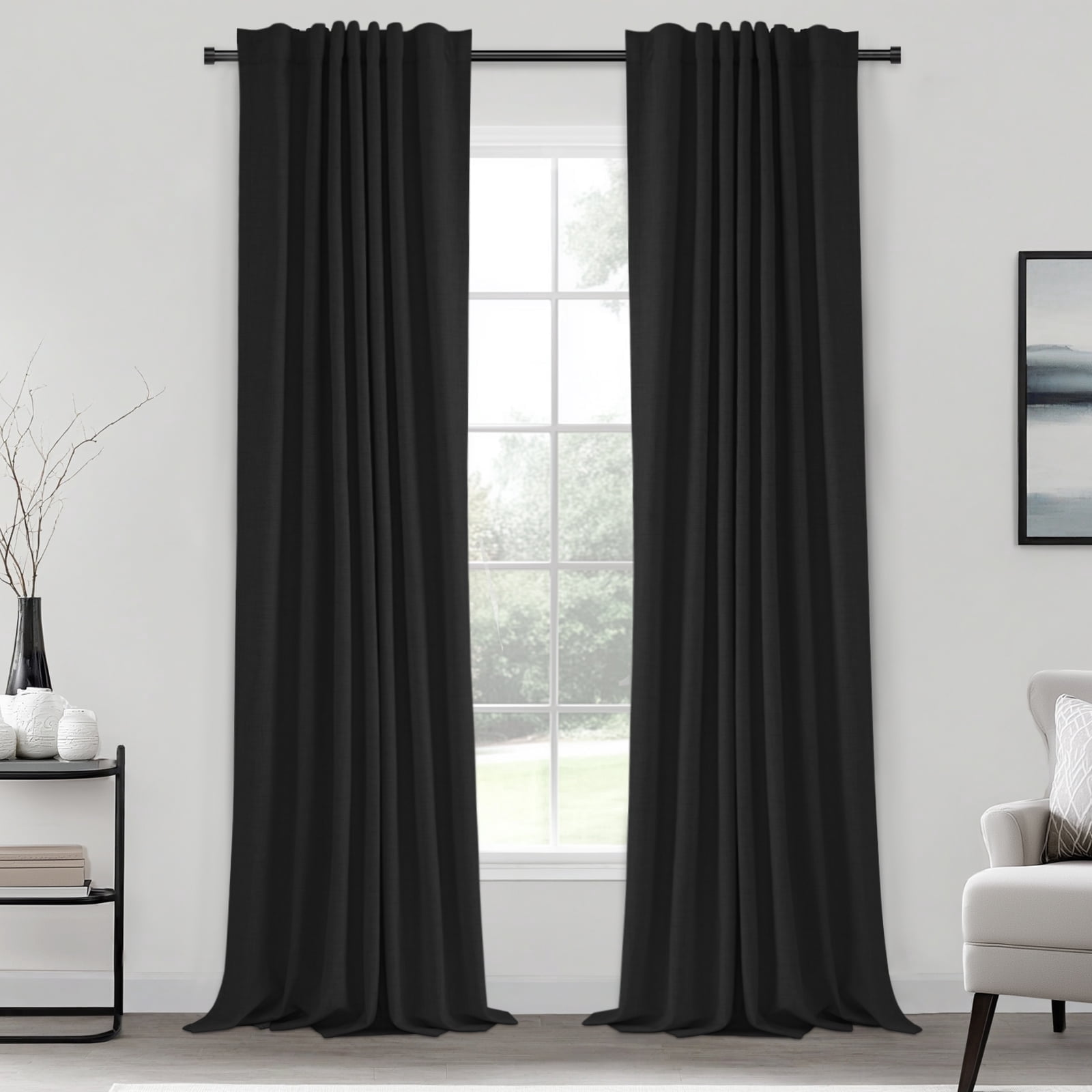 100% Blackout Curtains,50"Wx96"L Faux Linen Textured Back Tab/Rod Pocket Curtain,2 Panels Set,Thermal Insulated Curtains for Livingroom,Black