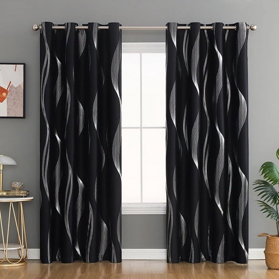 100% Blackout Curtains, 52" x 84", Thermal Insulated Full Blackout Silver Metallic Wave Print Drapes, Grommet Energy Efficiency Window Draperies for Bedroom Living Room, 1 Panels, Black